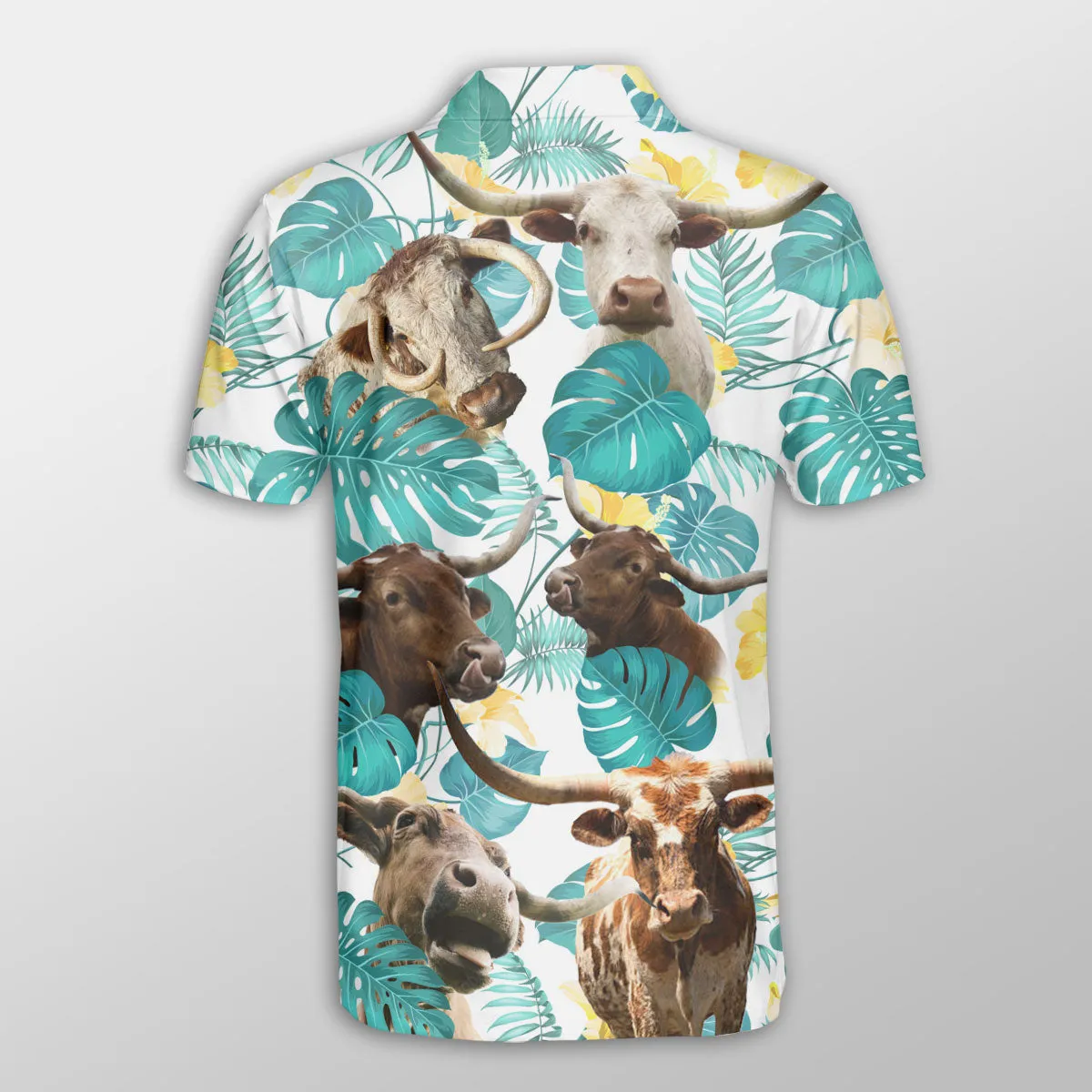 Texas Longhorn In Tropical Leaves Pattern Button Polo Shirt