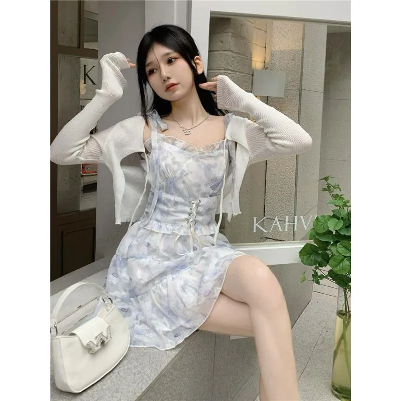 Tie Solid Knitted Suit Cinched Waist Dress