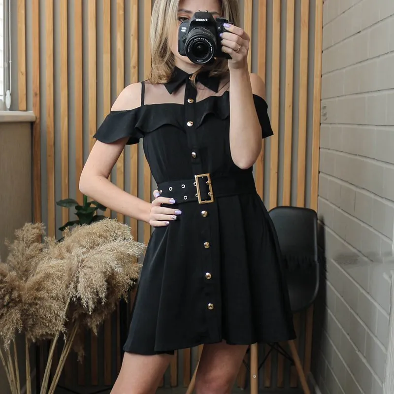 Trendy Black Office Mini Dress With Belt