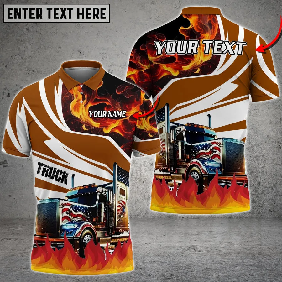 Truck Flame U.S Flag Pattern Personalized Name Shirt For Truck Driver, Truck Flag Polo Shirt