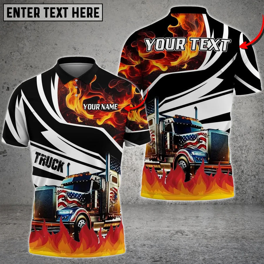 Truck Flame U.S Flag Pattern Personalized Name Shirt For Truck Driver, Truck Flag Polo Shirt