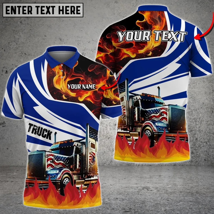 Truck Flame U.S Flag Pattern Personalized Name Shirt For Truck Driver, Truck Flag Polo Shirt