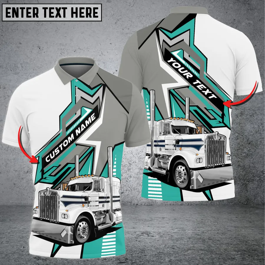 Truck White and Grey Personalized Name 3D Polo Shirt For Truck Driver 4 Colors