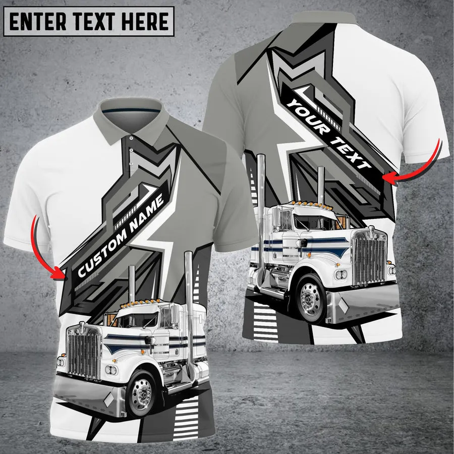 Truck White and Grey Personalized Name 3D Polo Shirt For Truck Driver 4 Colors