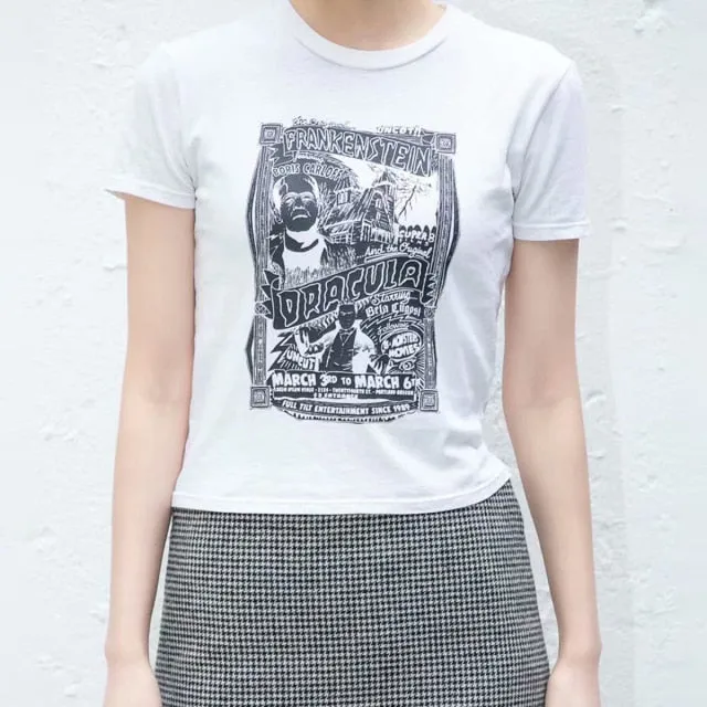 Vintage Slim Crop Top Women Letter Print Pattern Short Sleeve Tee