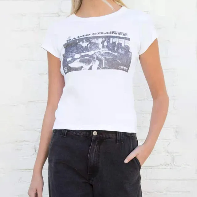 Vintage Slim Crop Top Women Letter Print Pattern Short Sleeve Tee