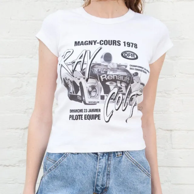 Vintage Slim Crop Top Women Letter Print Pattern Short Sleeve Tee