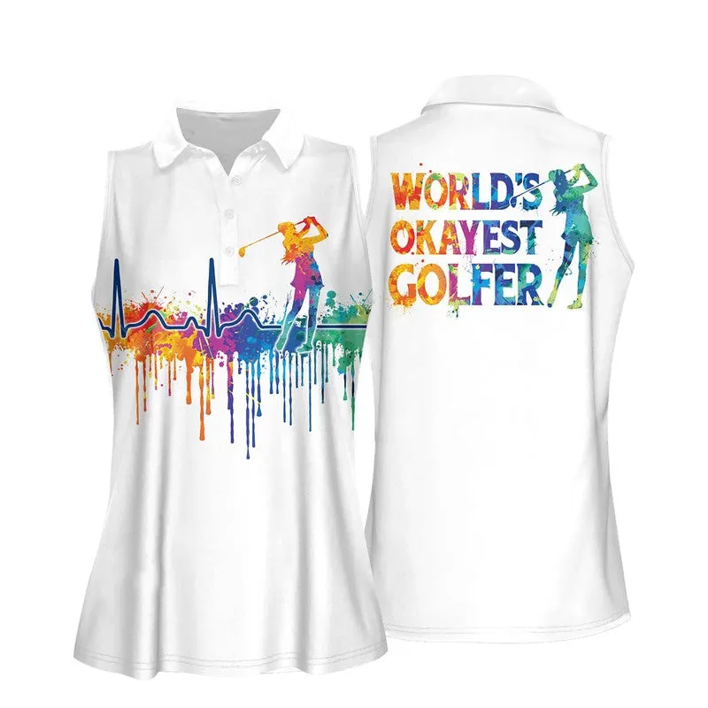 Watercolor Golf Heart Beat Worlds Okayest Golfer Women Sleeveless Polo Shirt