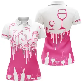 White And Pink Women Golf Shirt Golf & Wine Custom Name Women Golf Polo Shirts, Wine Golf Shirt