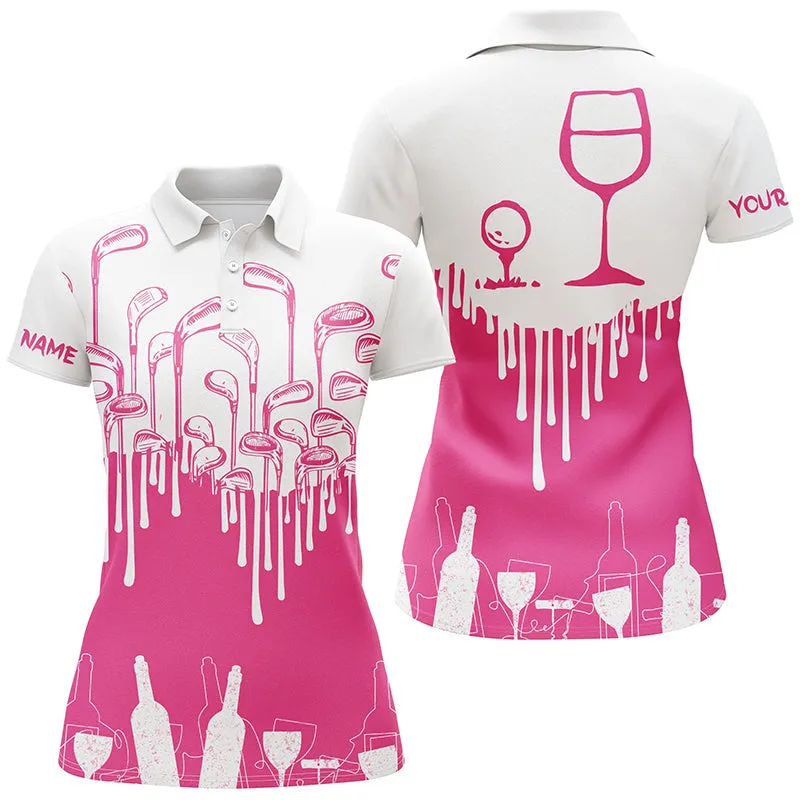 White And Pink Women Golf Shirt Golf & Wine Custom Name Women Golf Polo Shirts, Wine Golf Shirt