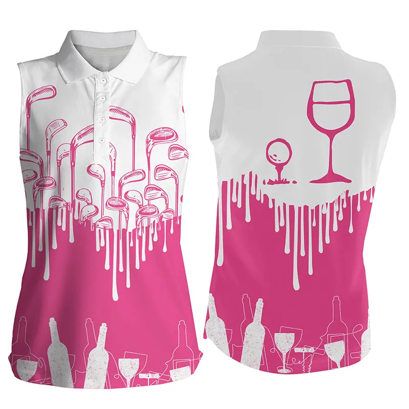 White And Pink Women Golf Shirt Golf & Wine Custom Name Women Golf Polo Shirts, Wine Golf Shirt