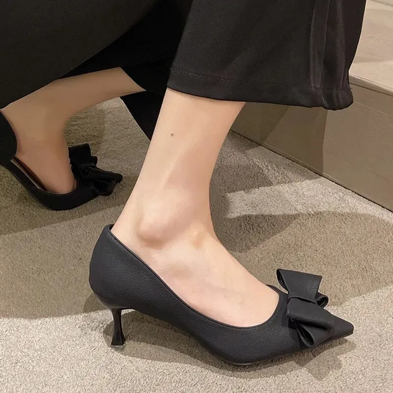 Women Bowknit Thin Heels Pumps Blue Elegant Slip-On Party Shoes Woman Summer Pointed Toe Solid Color High Heels - WSHP50101