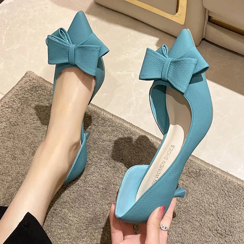 Women Bowknit Thin Heels Pumps Blue Elegant Slip-On Party Shoes Woman Summer Pointed Toe Solid Color High Heels - WSHP50101