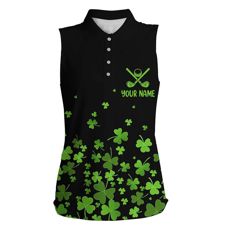 Women Golf Polos Shirts Custom Green Clover St Patrick's Day Black Pattern Golf Polos Shirt