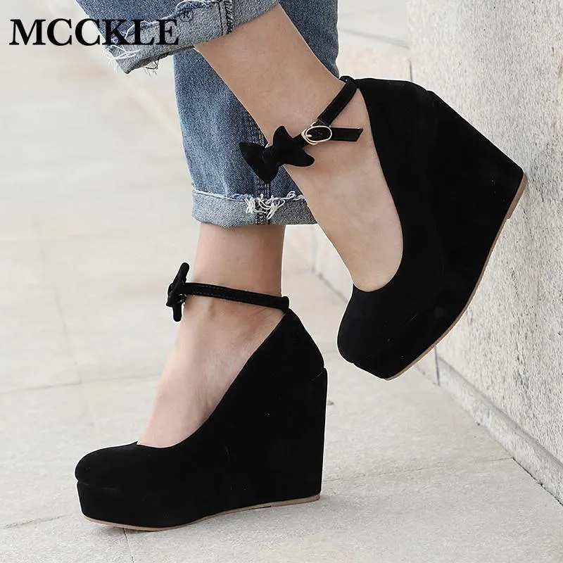 Women High Heels Shoes Plus Size Platform Wedges Female Pumps Elegant Flock Buckle Bowtie Ankle Strap Party Wedding Shoe