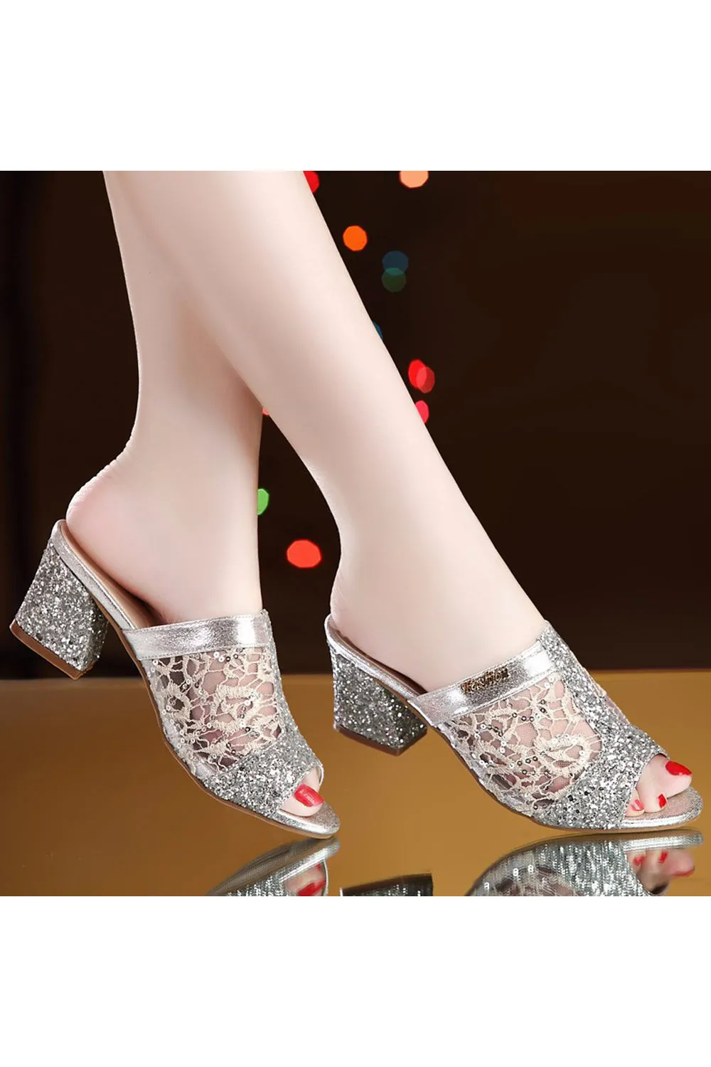 Women Lightweight Restful Fish Mouth Splendid Sequins Pattern Chunky Heel Summer Party Sandals - WSHP110537