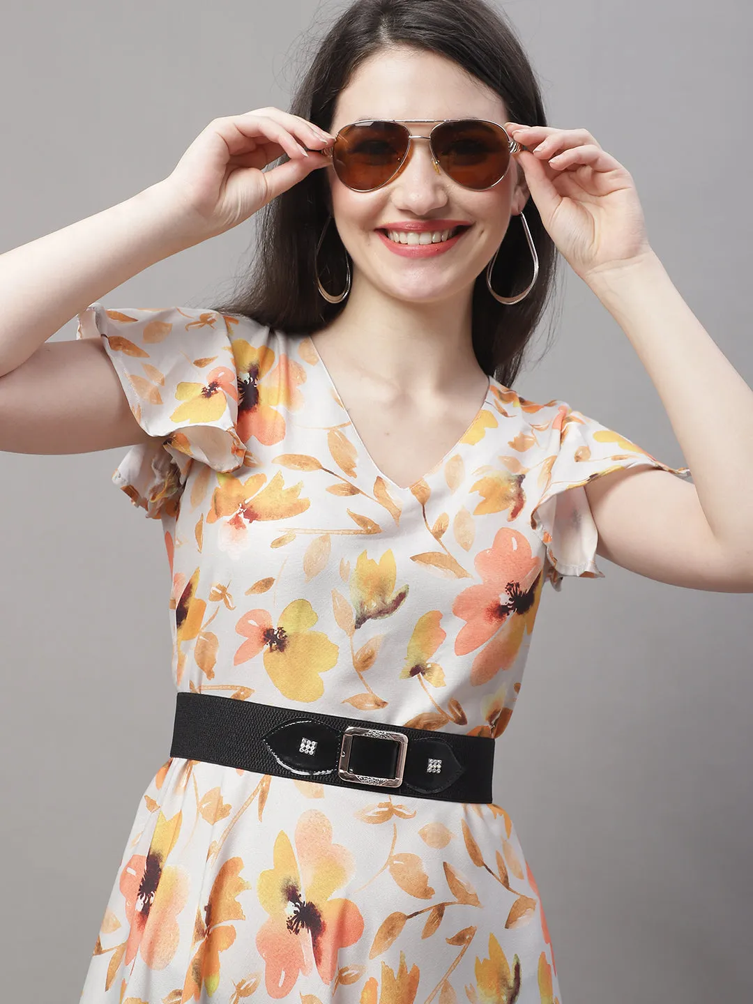 Women Orange Printed A-Line Dresses With Belt