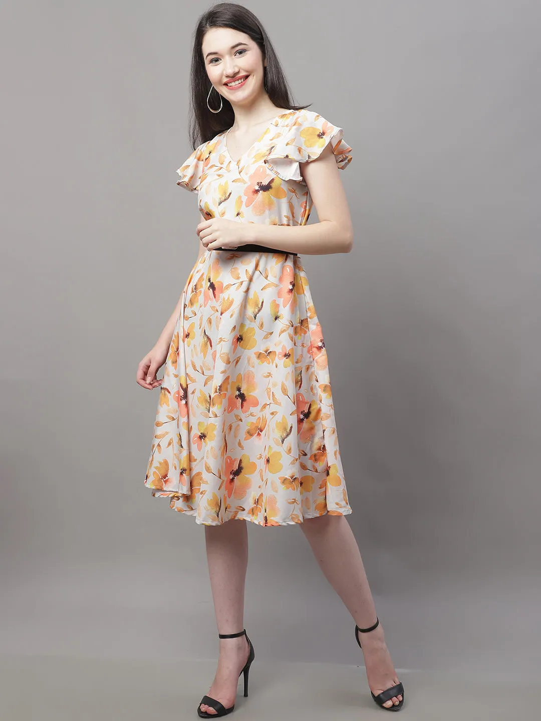 Women Orange Printed A-Line Dresses With Belt