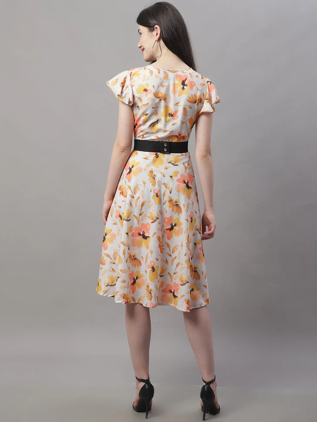 Women Orange Printed A-Line Dresses With Belt