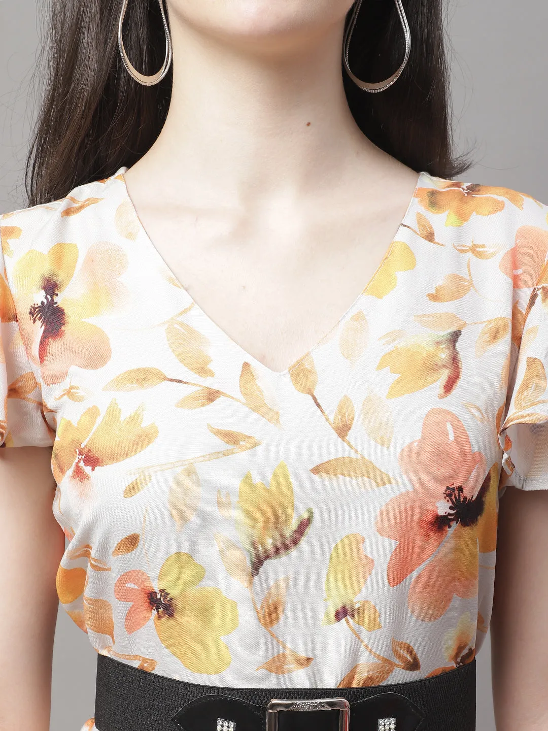 Women Orange Printed A-Line Dresses With Belt