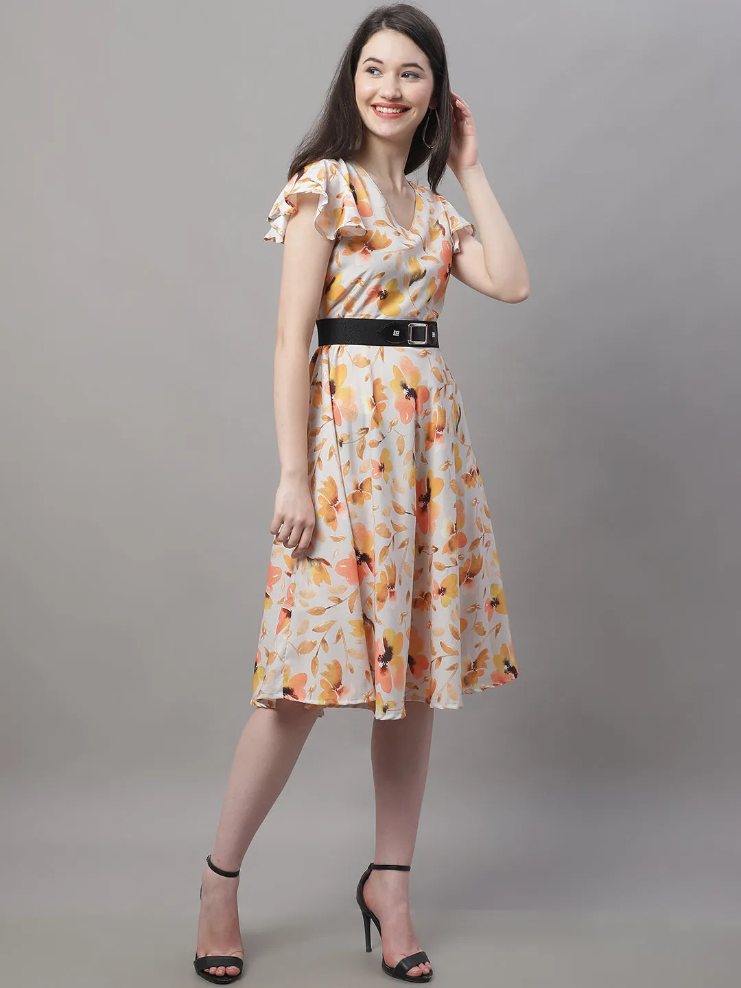 Women Orange Printed A-Line Dresses With Belt