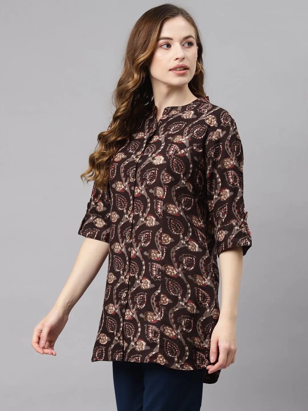 Women'S Brown Floral Rayon Top