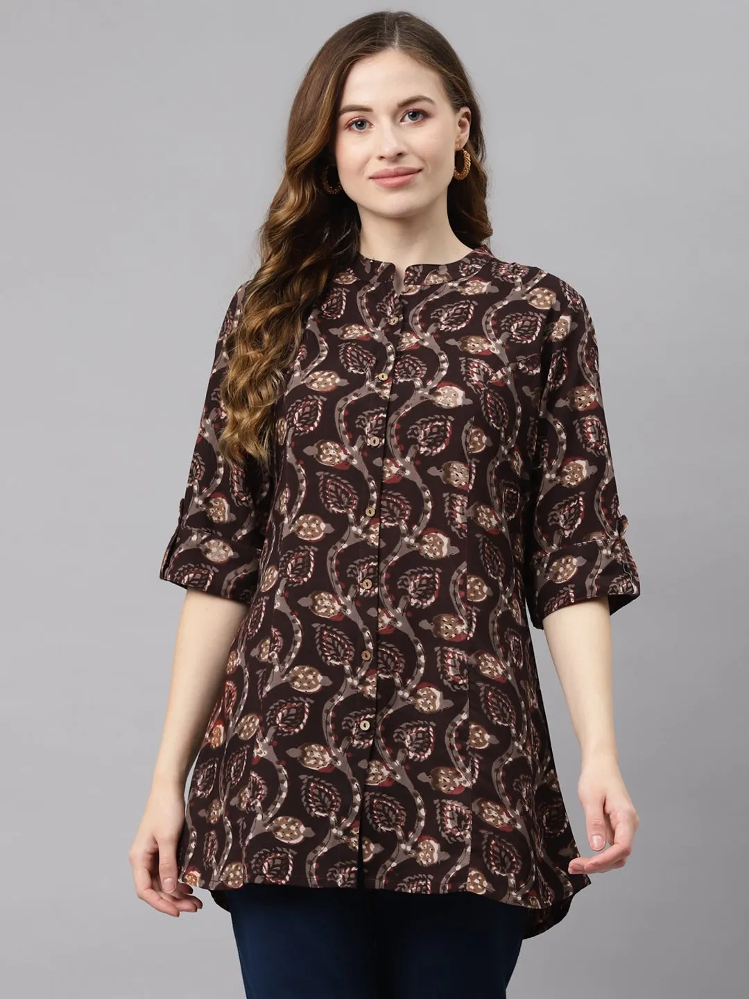 Women'S Brown Floral Rayon Top