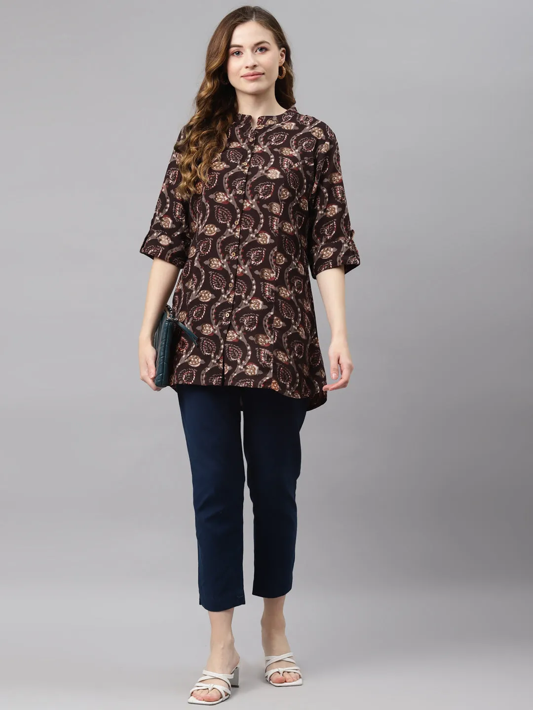 Women'S Brown Floral Rayon Top